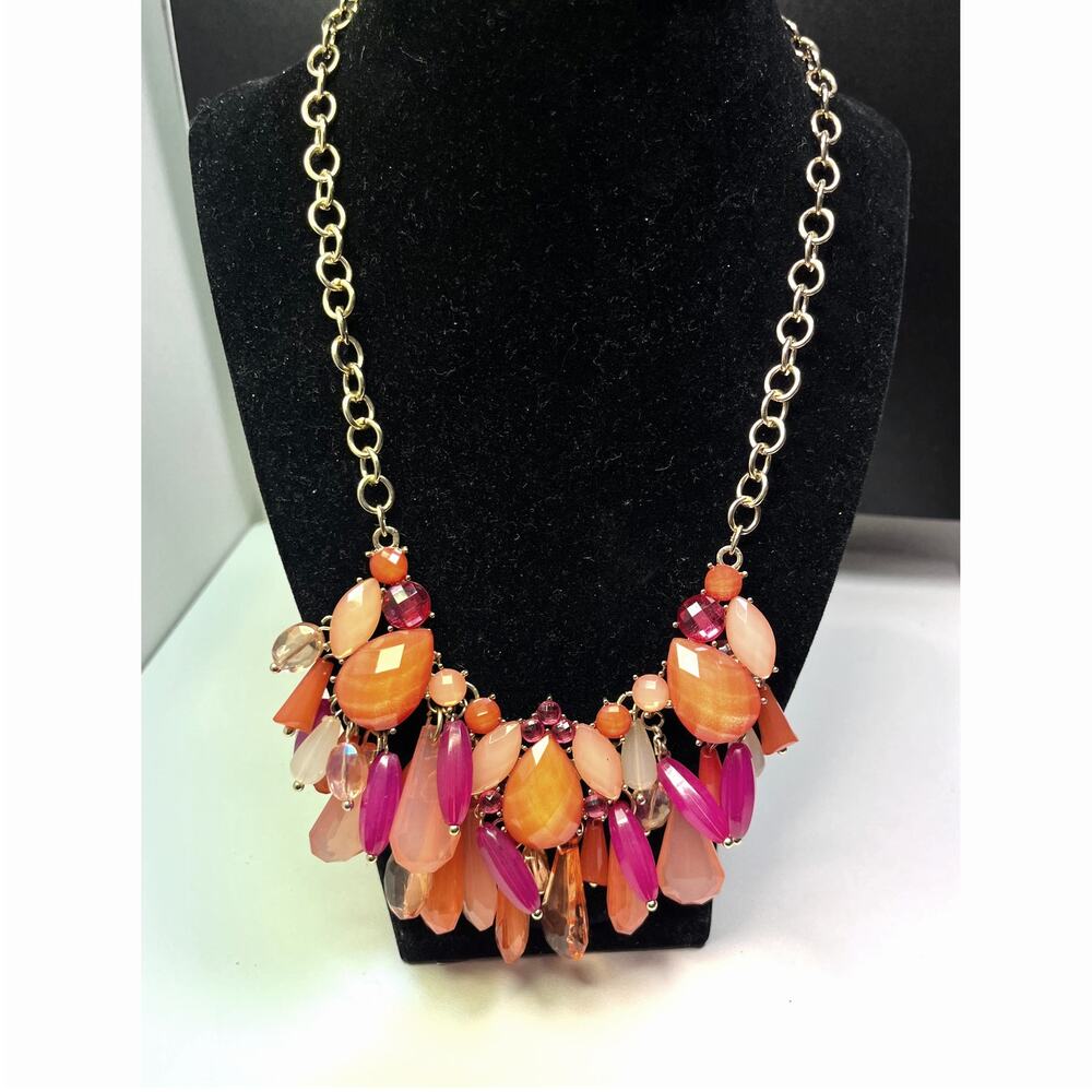 Fuchsia and Peach Statement Necklace Bold Beaded Choker Gold Tone Chain Necklace